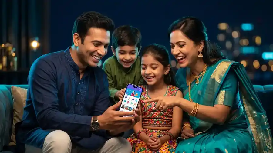 Indian family exploring a mobile app together, representing the PlayTiranga Guide audience