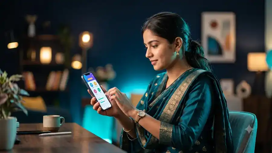 Indian woman in traditional dress following a step-by-step tutorial on the Tiranga Game mobile app
