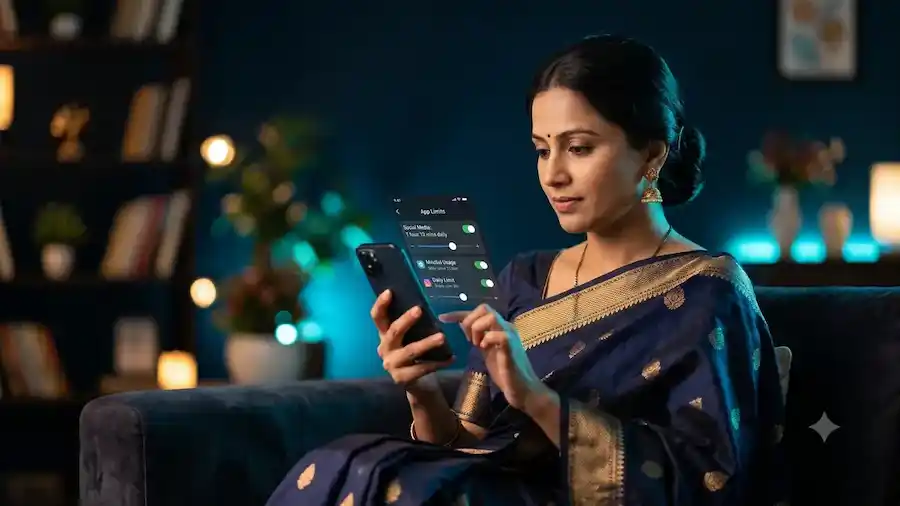 Indian woman thoughtfully setting limits on a gaming app, representing responsible gaming