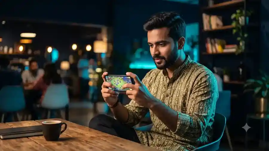 Young Indian man learning how the Tiranga Aviator crash game works on a mobile app