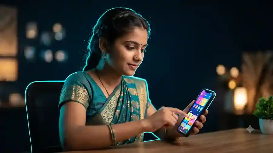 Indian girl in traditional dress learning how Tiranga colour prediction works on a phone