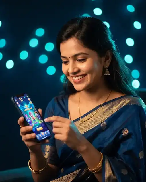 Indian woman in a traditional saree using the Tiranga Game app on her smartphone