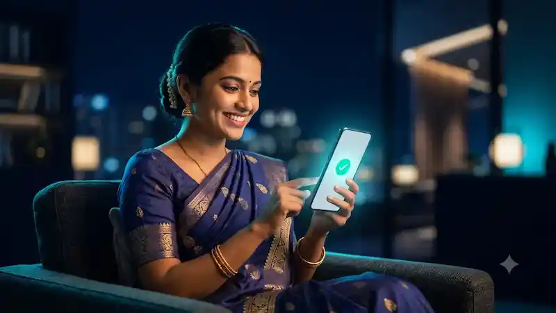 Indian woman in a saree successfully logging into the Tiranga Game app