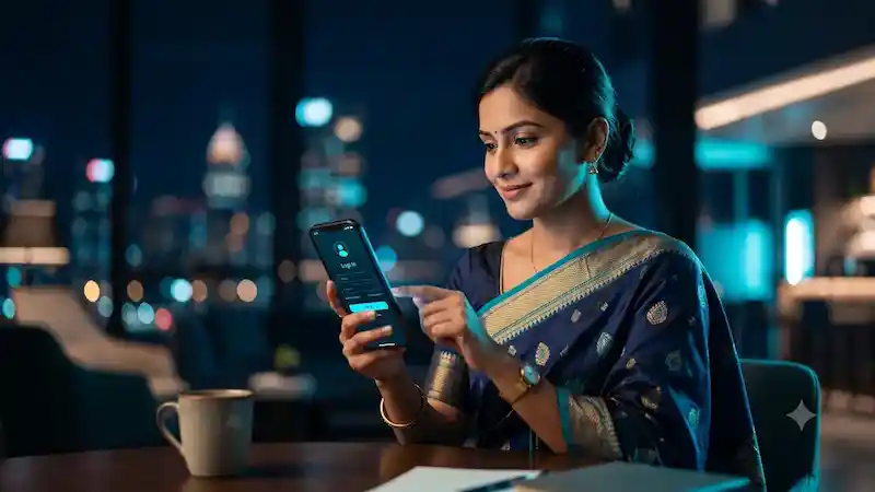 Indian woman in traditional attire logging into the Tiranga Game app on her phone