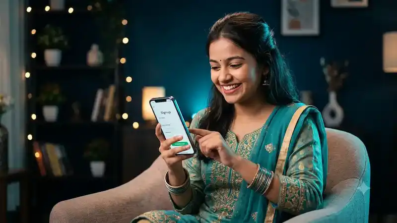 Indian girl in traditional outfit registering an account on the Tiranga Game app