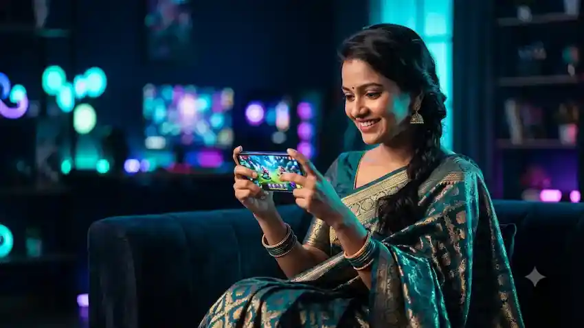 Indian woman in traditional attire reviewing the Tiranga Game app on her smartphone