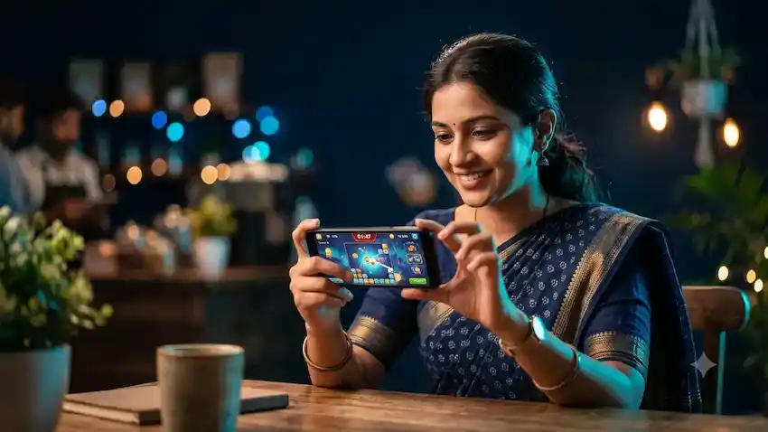 Indian woman in traditional clothing understanding Tiranga WinGo and lottery rounds on a smartphone