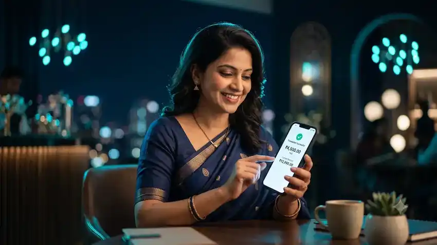 Indian woman in a saree checking a mobile wallet withdrawal on the Tiranga Game app